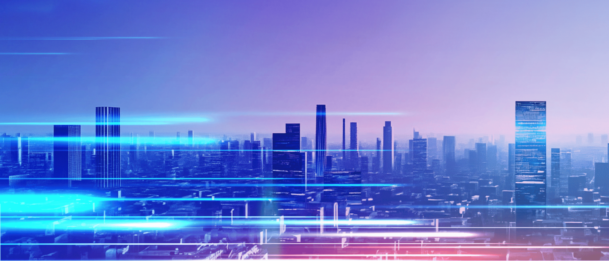 Modern city skyline with digital data streams overlay, representing connected smart city infrastructure and real-time urban technology systems