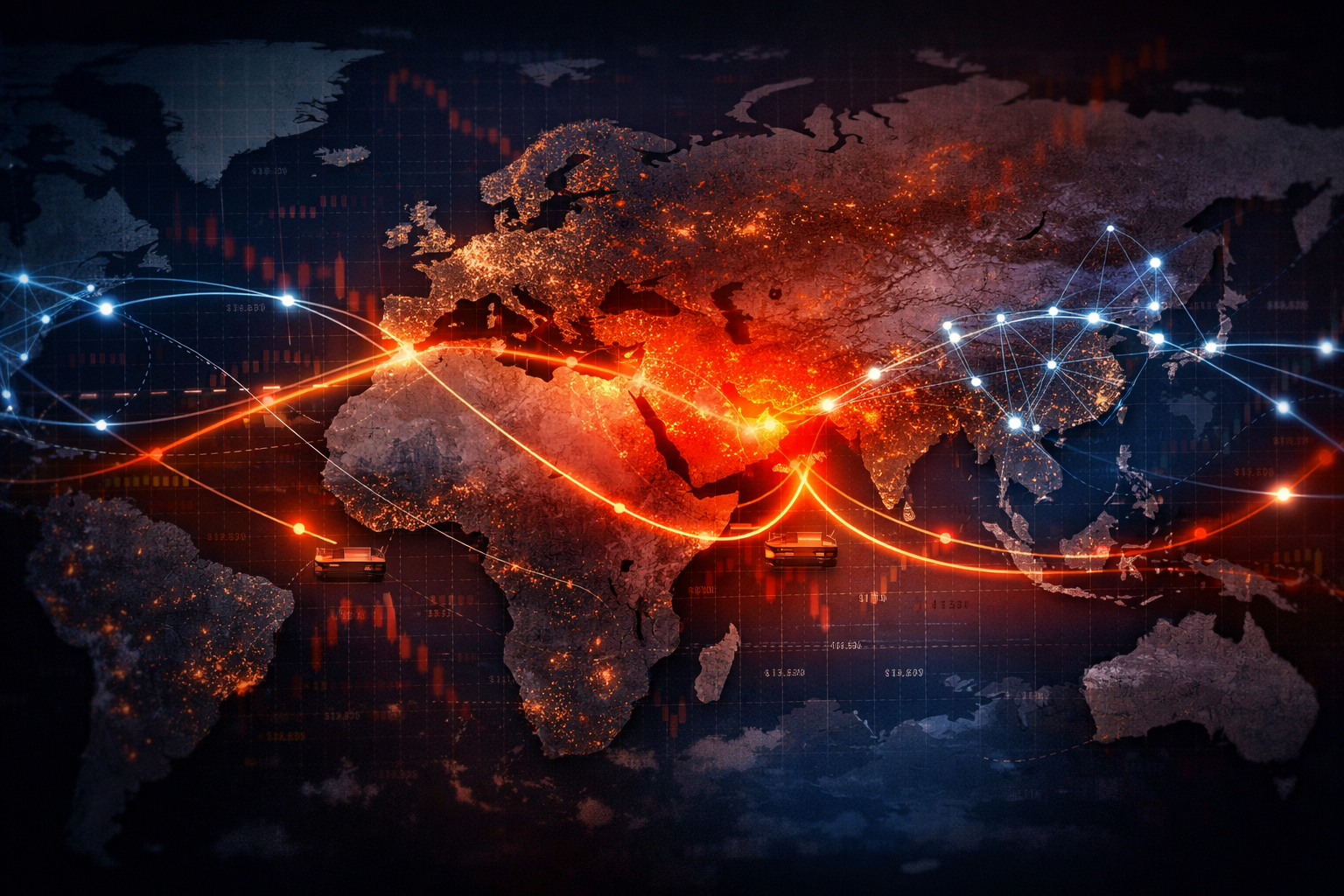 A dark-toned world map centered on the Middle East, with: Glowing energy routes (oil shipping lanes through the Strait of Hormuz) Overlaid digital network lines connecting major data center regions (US, Europe, Gulf, Asia) Subtle red/orange tension glow around the Middle East