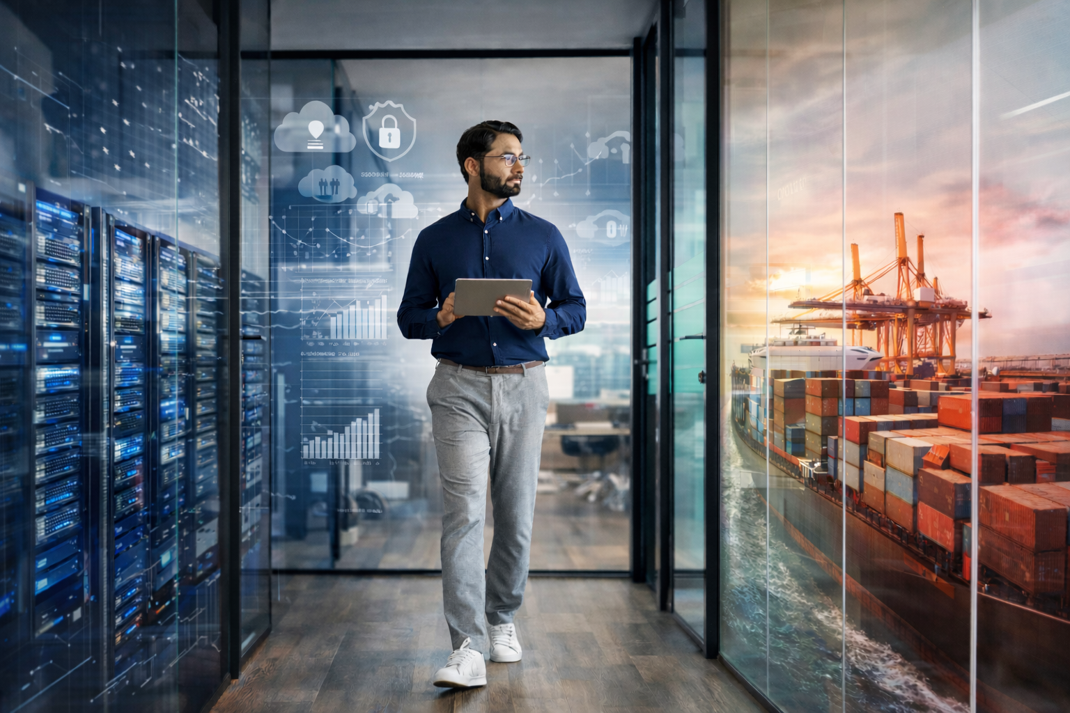 Composite image of a CIO walking through a hall with data centers and shipping on the walls