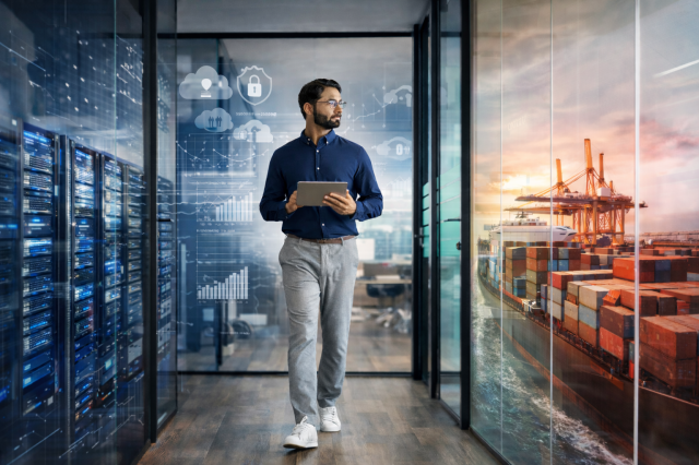 Composite image of a CIO walking through a hall with data centers and shipping on the walls