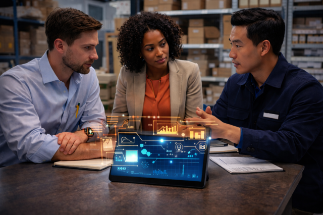 Three professionals collaborating in a retail warehouse, reviewing real-time data and analytics on a tablet.