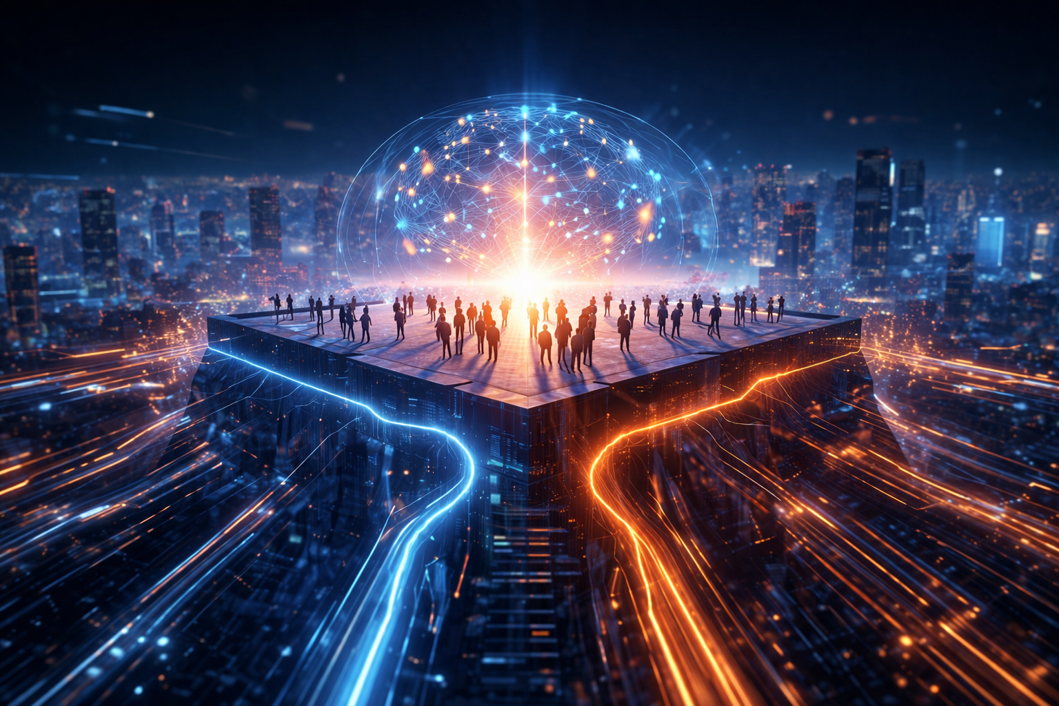 Futuristic city platform with glowing AI network representing innovation beyond productivity in enterprise AI