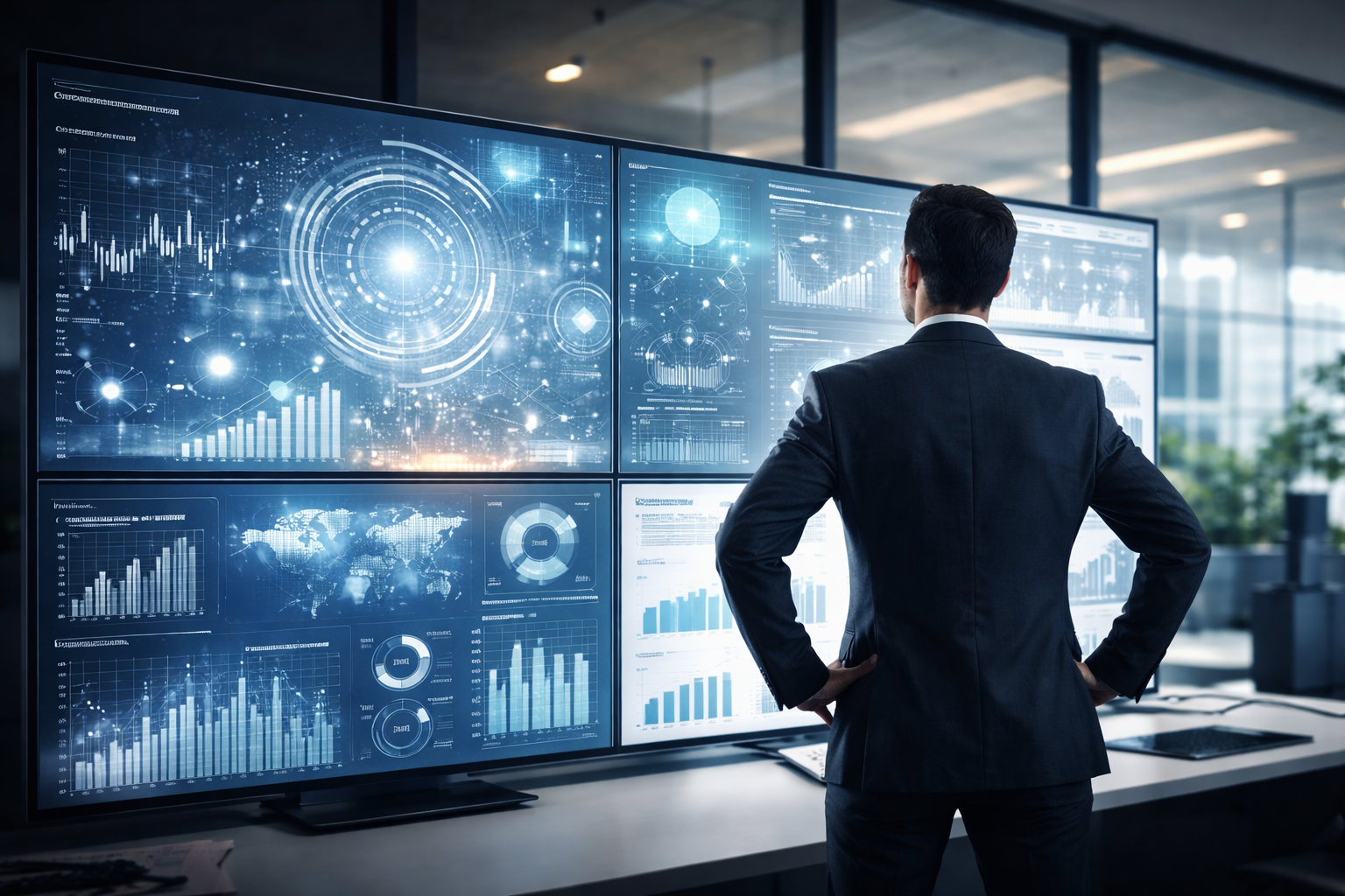 Business professional analyzing enterprise data and AI-driven insights on multiple screens in a modern office