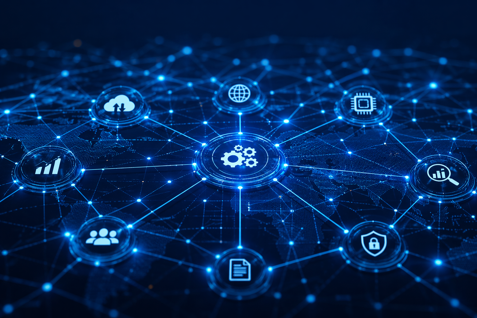 Abstract blue digital network with interconnected nodes and icons representing AI systems, data flow, and enterprise orchestration across a global technology landscape