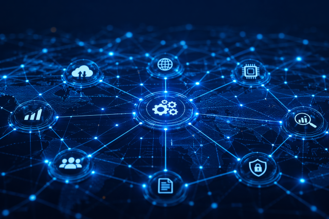 Abstract blue digital network with interconnected nodes and icons representing AI systems, data flow, and enterprise orchestration across a global technology landscape