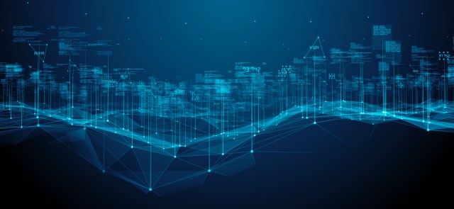 Digital network connectivity visualization showing interconnected data nodes and wireless signal patterns across a blue cityscape background, representing enterprise Wi-Fi infrastructure growth.