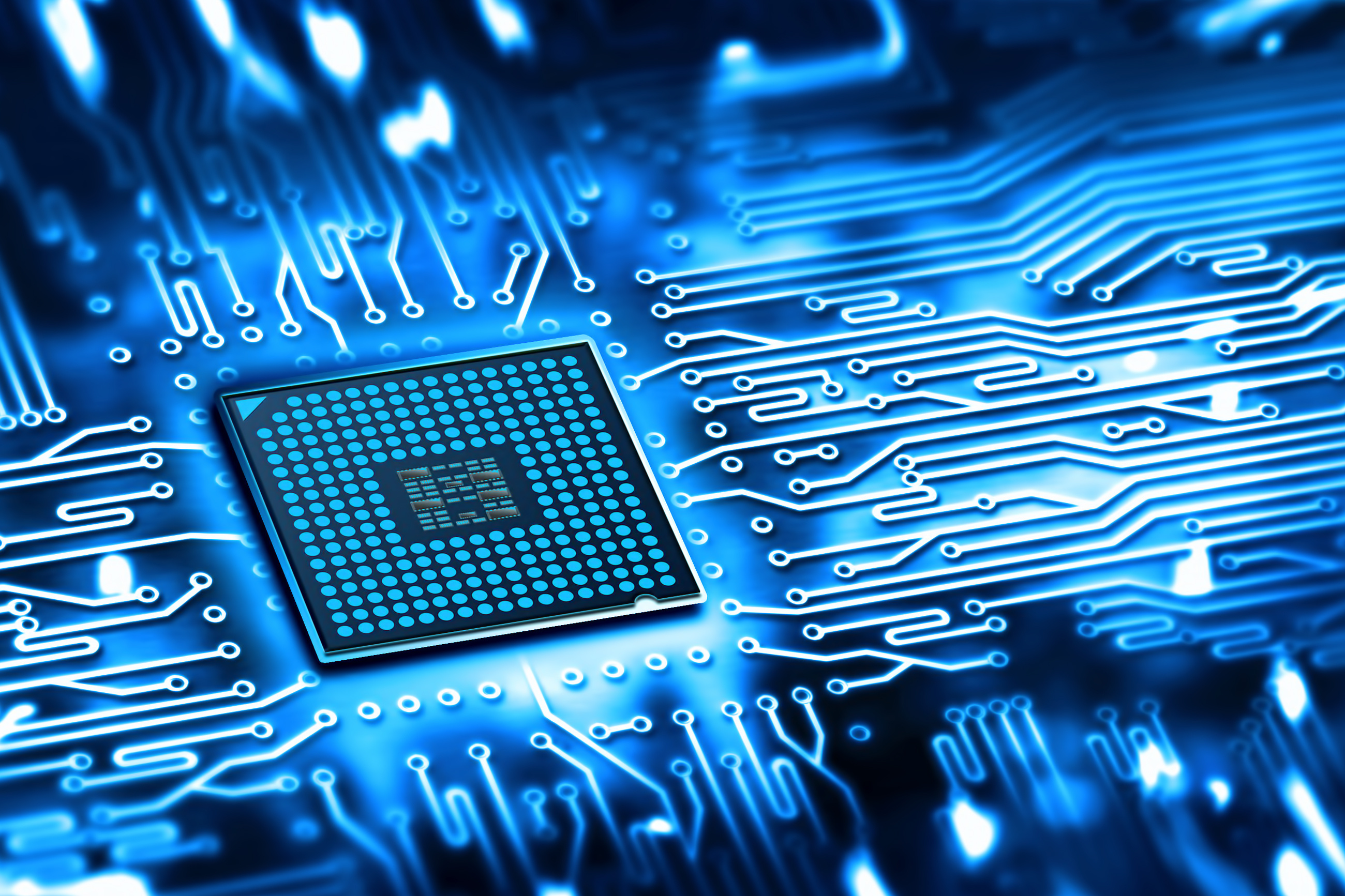 Integrated microchip on a circuit board representing AI compute infrastructure and frontier AI governance policy