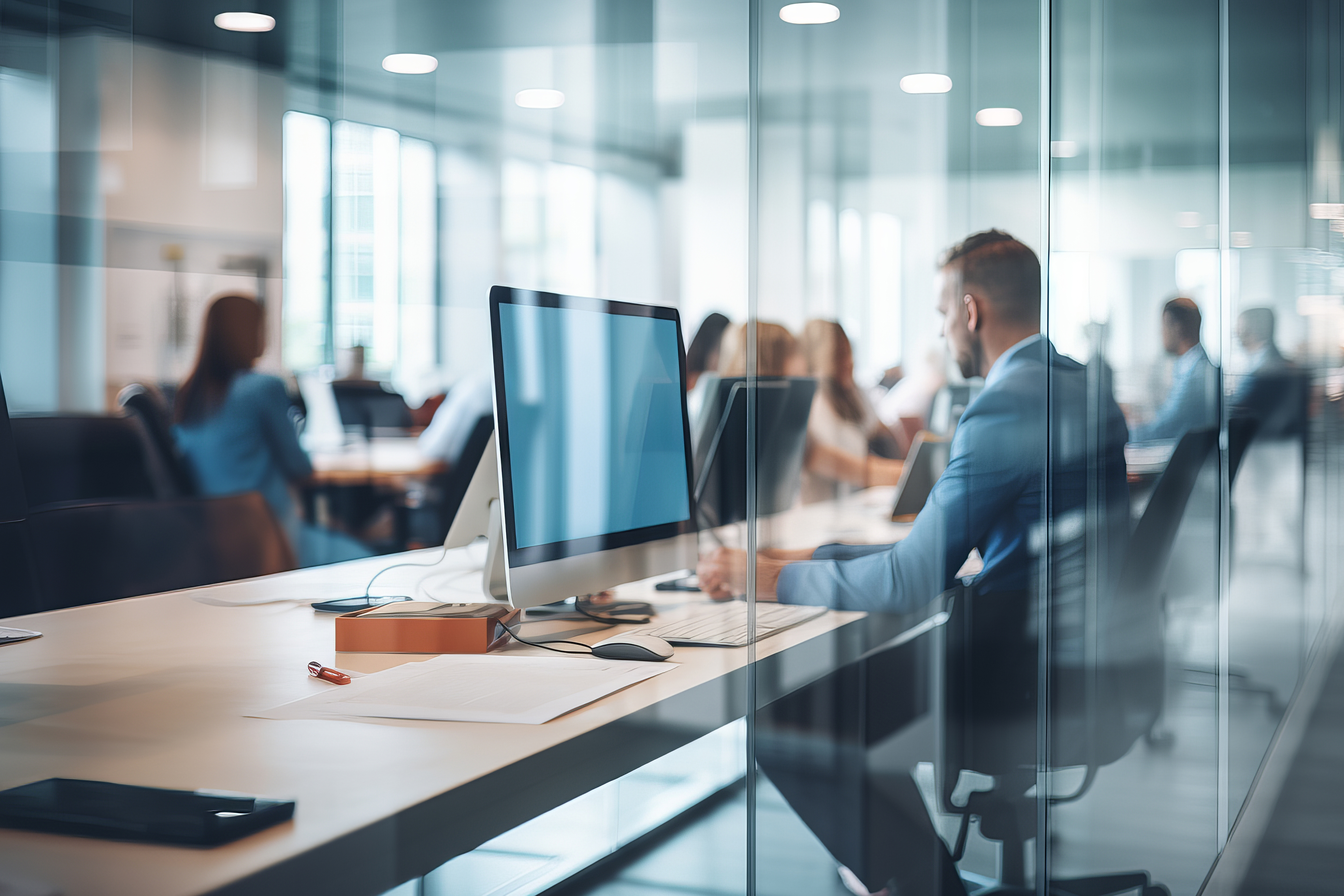 Professionals working at desks in a modern glass-walled office environment.